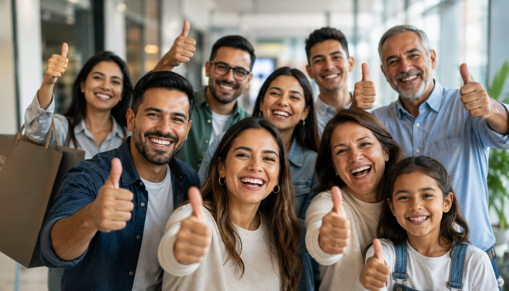 Clientes y familias satisfechos mostrando pulgar arriba, representando la satisfacción de los beneficiarios